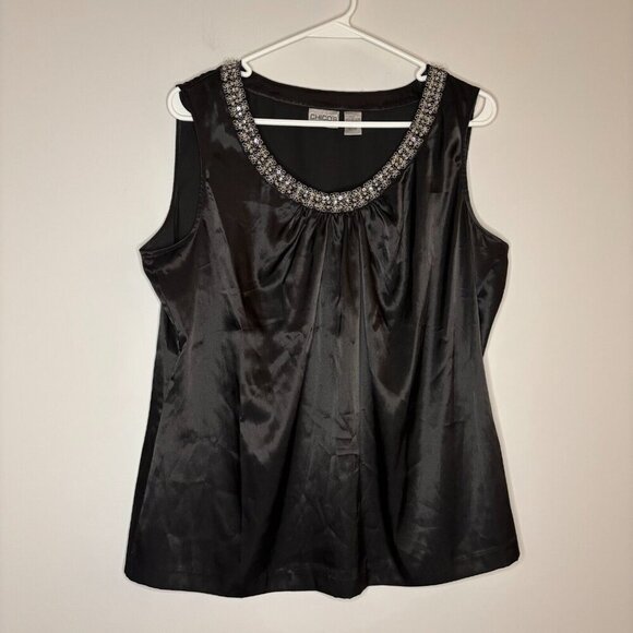 CHICO'S Beaded Satin Top Black Sleeveless Size 2 Cocktail Sequin Beads - Picture 1 of 6